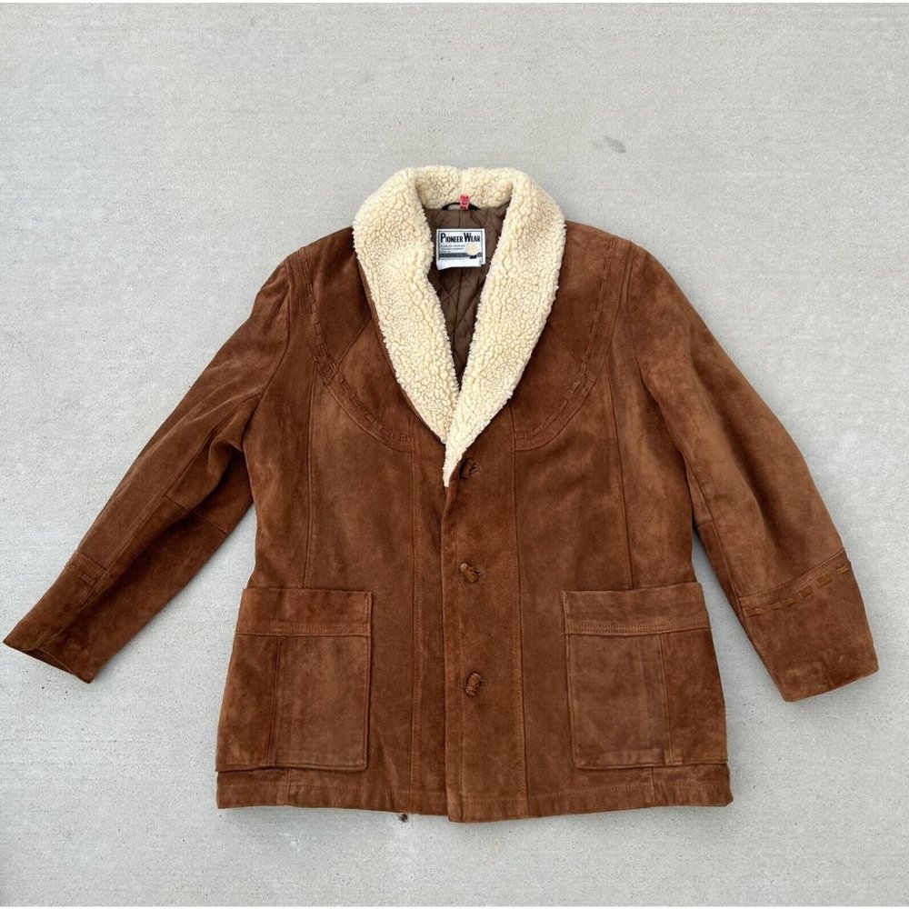 Vtg Pioneer Wear USA Suede Leather Sherpa Lined Western Jacket Men's 46 Brown